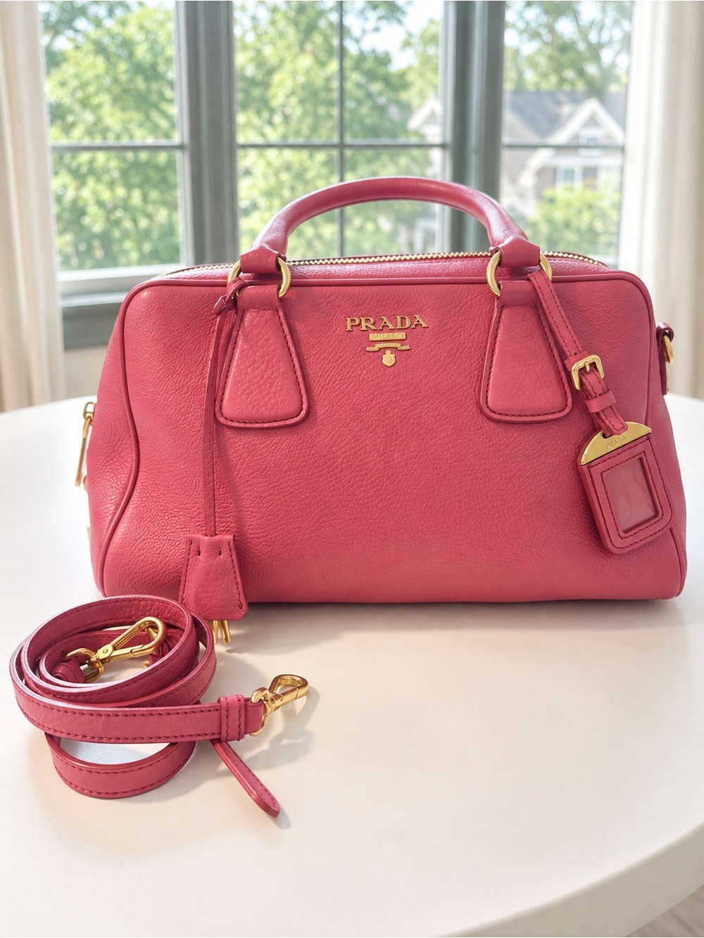 Prada | Pink Two-Way Boston Bag Grained Calfskin Leather Crossbody | Authentic